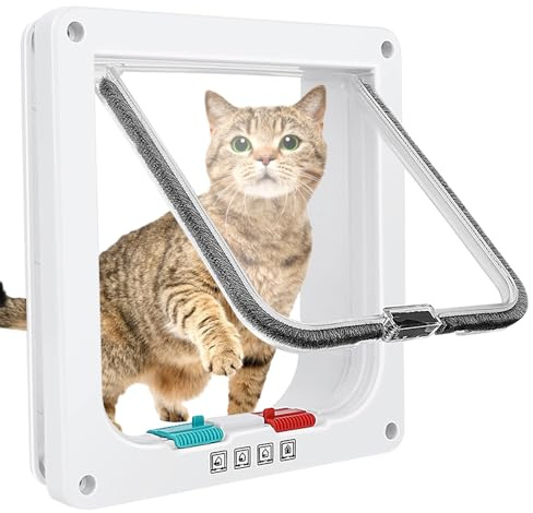 Cat Door for Windows, Cat Flap, Pet Doors and Sliding Door, Safety Pet Door with 4 Way Lock, Weatherproof Cat Flap, Silent Manual Pet Flap for Interior Exterior Door Window Wall (White, 19x20x1.8cm)