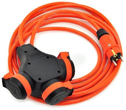 ELS Elektrotechnika Verlängerungskabel mit 3 schuko steckdosen für den aussenbereich IP54 H07BQ-F 3G 2,5mm² verlängerung mit 3 schutzkontakt buchsen 3-Fach Outdoor verteiler 10 Meter orange.