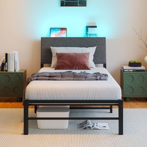VECOCHO 3ft Single Bed Frame with Storage Ergonomic Upholstered Headboard & LED Charging Station,Heavy Duty Metal Platform Bed Frame Single Mattress Base,Underbed Storage,No Box Spring Needed,Black
