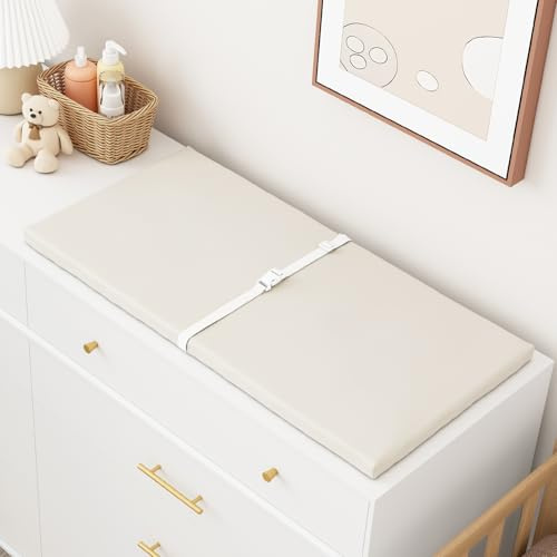 YACODAVO Wipeable Baby Changing Pad for Dresser and Table, Cozy Diaper Changing Pad with Waterproof & Wipe-Clean Leather Cover, Standard Size (31.5 L x 15.8 W), Off-White