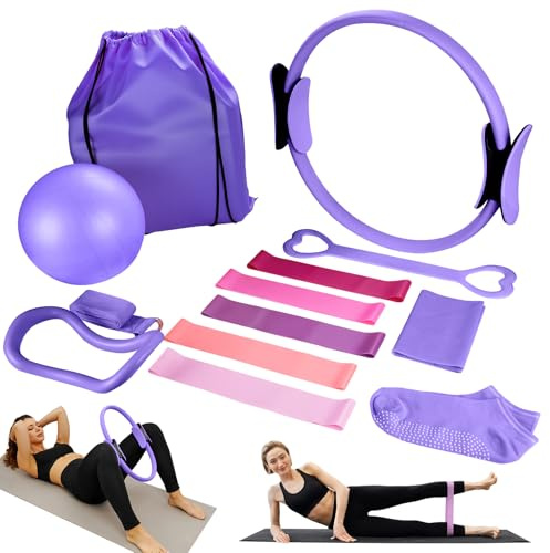 Jellybibo Lot de 13 Anneaux de Pilates avec Anneau de Pilates, Balle de Yoga, Bande de Fitness, Anneau de Tension, Anneau de Massage, Convient aux appareils de Fitness à Domicile (Violet)