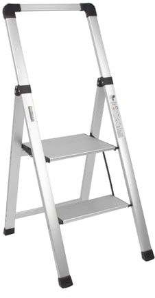 TRUTZHOLM Alu Trittleiter 2-stufig klappbar bis 150 kg Traglast Aluminium Silber Anti-Rutsch Trittflächen TÜV/GS Klapptritt 3,65 kg leicht platzsparend 5 cm schmal (Silber, 2 Stufen mit Handgriff)