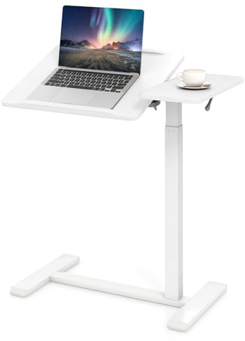 COSTWAY 60 x 40cm/68 x 40cm Mobile Laptop Table, Height Adjustable Overbed C-shaped Tray Table with Wheels & Tilting Top, Rolling Sit Stand Computer Desk Study Workstation (White, 68 x 40 x 105cm)