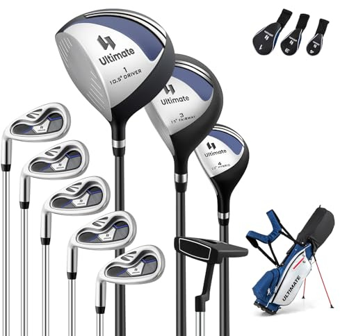 ULTIMATE Left Handed Golf Clubs for Men, 10pcs Men's Complete Golf Club Set Includes 460cc #1 Driver, #3 Fairway Wood, #4 Hybrid, #6/#7/#8/#9/#P Irons, Putter (Blue)