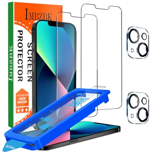 IMBZBK [Automatisk dammborttagning] 3-pack skärmskydd för iPhone 13 [15,49 cm] Tillbehör, fodralvänlig film, militärt certifierat sönderblåsbart härdat glas 3 kameralinsskydd, enkel installation