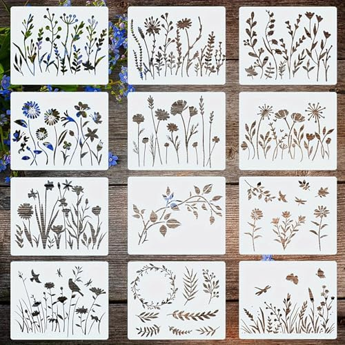 Wemoralix 12 Pcs Reusable Flower Stencils, Nature Floral Drawing Templates for DIY Fabric & Wood Art