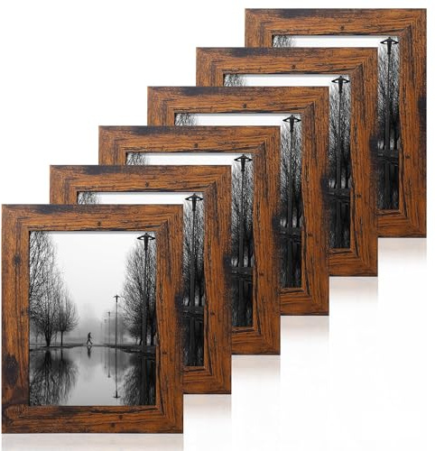 iRahmen 5x7 Picture Frame Set of 6, Dark Brown Rustic Frame with High Definition Real Glass, 5 x 7 Wood Photo Frames for Tabletop Display and Wall Mounting