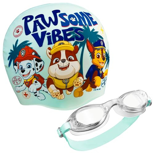 Pat Patrouille | Bluey | Bob l'éponge Lunettes de Natation et Bonnet de Bain Enfant Set, Réglables Anti-Bué et Protection UV Lunette de Plongée, Résistant Silicone Bonnet de Bain, Ete Cadeau Fille