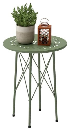 Outsunny Gartentisch Ø40 x 50cm, Wetterfest Balkontisch aus Stahl, Beistelltisch mit Blumendesign Schutzfüße, Rund Esstisch Outdoor, Campingtisch Terrassentisch für Garten Terrasse Balkon Grün