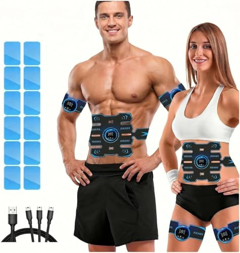 EMS Abs Trainer Muscle Stimulator,Muscle Stimulator Toning Belts,Belt for Central and Lateral Abdominal Electro Stimulation,With Massage Function,USB Rechargeable,19 Intensity Levels - Wireless,Unisex