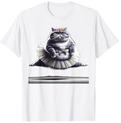 Chat de Ballet Amusant avec Un Gros Ventre Portant Un Tutu. T-Shirt Graphique avec Valeur, Homme, Blanc, S