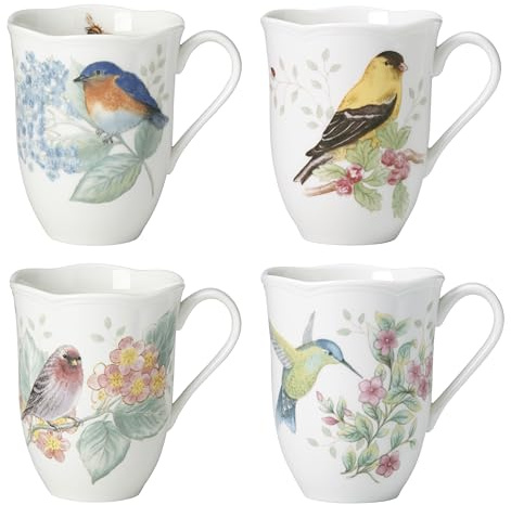 Lenox Coffee Mug Set, Butterfly Meadow Flutter 4-Piece Mugs, Service For 4, 12 Ounce Mug, Chip Resistant White Porcelain, Microwave And Dishwasher Safe, Ceramic Mugs, Coffee Cups (Assorted, 4 Piece)