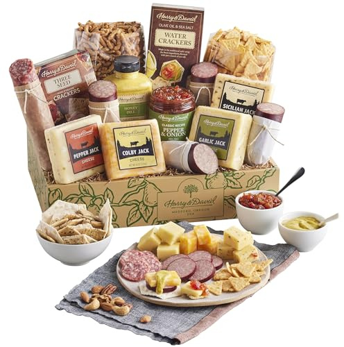 Harry & David Ultimate Meat And Cheese Gift Box, Food Gift Basket, Charcuterie Platter With 4 Cheese Blocks, 4 Sausages, 5 Sets Of Crackers, Sesame Sticks, Relish & Honey Mustard Sauces