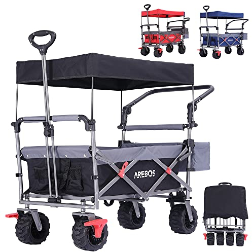 Arebos Bollerwagen faltbar mit Dach | Luxus Handwagen | Faltwagen | Transportwagen | XXL Tasche | klappbar | bis 100 kg | Gerätewagen | 360° Vorderräder | Schwarz