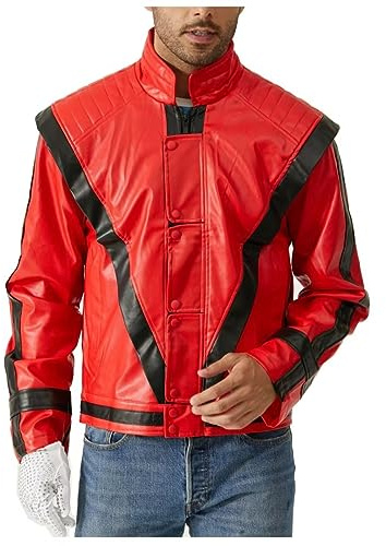 Shuanghao Adulto Red Leather Chaqueta Disfraz Costumes Halloween Navidad Cosplay Bailes Fiestas Punk Retro Hombre/Mujeres Leather Jacket Ropa Trajes Regalar Regalos:Glove