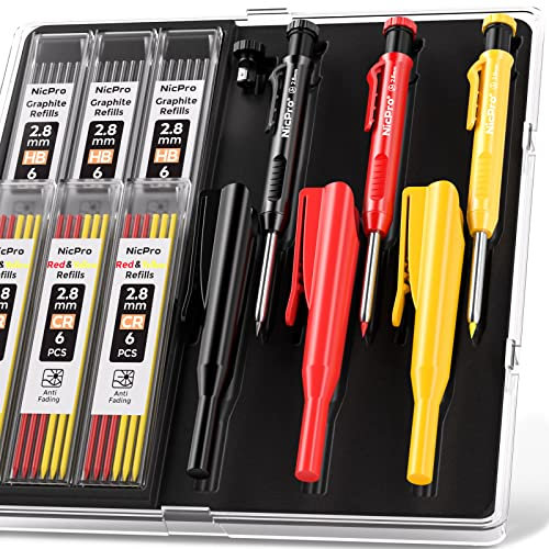 Nicpro 3 Pack Carpenter Pencil With Sharpener & Holder, Mechanical Carpenter Pencils, 39 Refills (Red, Black, Yellow), Heavy Duty Construction Woodworking Pencil for Contractor, Architect
