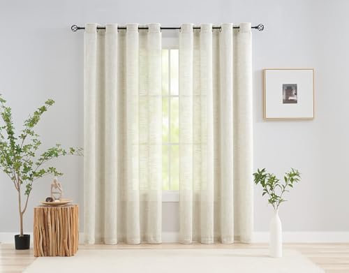 Treatmentex Visillos Salon Translúcidos y Cortinas Dormitorio, Cortinas Salon 2 Piezas 136x225cm, Textura Lino Beige Transparente con Ojales para Oficina​