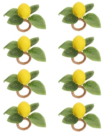 CURTEK Lemon Napkin Rings Set of 8, Yellow and Green Plastic, Farmhouse Style Decorations for Dinner, Wedding, Party