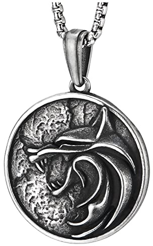 Collar de Hombre con Colgante de Medalla Circular de Cabeza de Lobo Vikingo Nórdico Grabado, Joyería de Motociclista