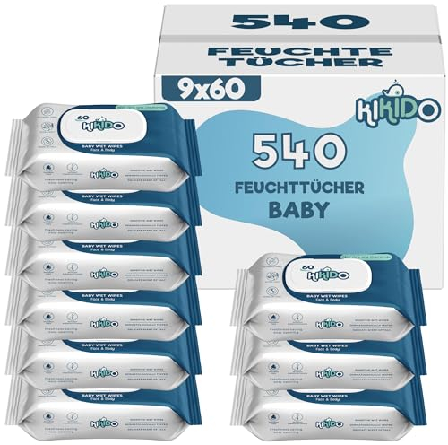 Kikido Salviette Neonato - 540 Salviettine Umidificate Bambini - Offerta 9 Confezioni da 60 Salviettine Delicate per Pelli Sensibili - Umide, Detergenti e Igienizzanti