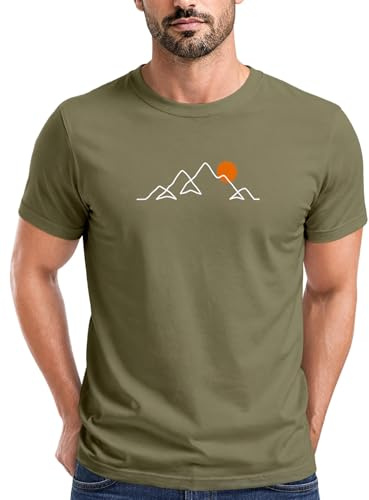Neverless® Herren T-Shirt Frontprint Line-Art Berge Wandern Natur Outdoor Fashion Streetstyle Army XL
