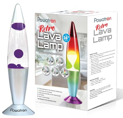 Powatron Lava Lamp 16 Retro Liquid Motion Lamp for Kids & Adults – Purple Wax Decorative Mood Lighting Night Light with Bulb & UK Mains Plug Soothing Motion Mood Lamp