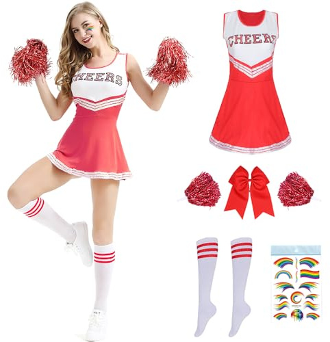 PASLFC Cheerleader Kostüm Damen für Erwachsene,Cheerleading outfit,Cheerleadering Outfit,High school musical cheerleader kostüm,Cheerleader Pompoms für Karneval Party Cosplay Fasching Halloween