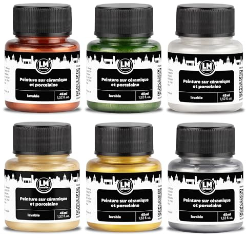 LM-Kreativ Lot de 6 peintures pour porcelaine - 45 ml - Passe au lave-vaisselle - Peinture pour verre et céramique - Idéal pour peindre des tasses et céramique