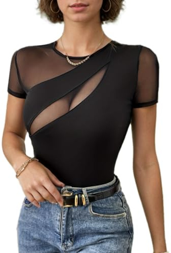 Auriselle Top a Rete da Donna con Scollo Rotondo - Sexy Manica Corta Sottile Trasparente Stretch per Feste estive, appuntamento Quotidiano, Nero, M