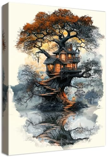 Wooden Framed Canvas Wall Art Mystic Forest Treehouse Painting on Canvas Prints Poster Darkness Vintage Grey Brown Pictures for Living Room Bedroom Home Office Hallway Corridor Wall Decor 40x60cm