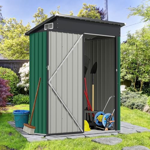 Casetta di Stoccaggio da Giardino, Struttura Resistente in Lamiera di Acciaio, con Porta Apribile e Tetto Inclinato, Dotato di 2 Paia di Guanti (VERDE)