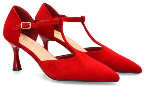 Zapato de Tacon Medio con Tira en T para Mujer. Elegante, Comodo y versatil. con un Diseno Tipo Salon Ideal para Otono Invierno. Cierre de Hebilla y Tacon Fino.