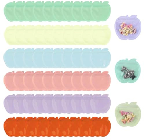 WIRZUL 60 bolsitas de joyería, bolsas de plástico resellables, pequeñas, transparentes, con forma de manzana, para anillos, pendientes y collares (6 colores)