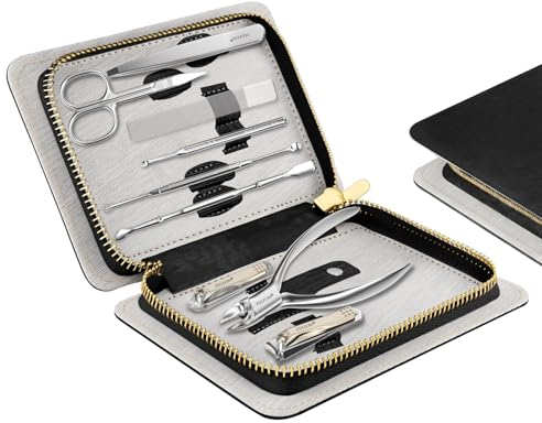ZIZZON Maniküre-Set, professionelles Zehennagel- und Fingernagelknipser-Set aus Edelstahl, 9-in-1-Pediküre- und Pflegeset mit PU-Lederetuia (Schwarz)