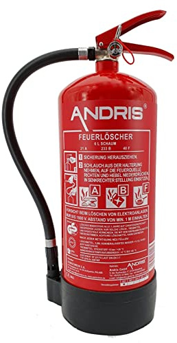 6L ABF Schaum Feuerlöscher mit Manometer, auch für Fett-Brände geeignet, inkl. Wandhalterung, Standfuß & ANDRIS® Prüfnachweis