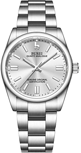 BUREI Orologi da Donna alla Moda 36mm Quarzo Orologio da Polso per Donne Signore in Acciaio Inox Orologio da Lavoro Impermeabile, Bianco argento, Bracciale