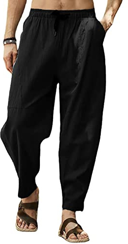 Cooleep Pantaloni Lino Uomo Estivi Casual Pantaloni Elasticizzati Leggeri da Yoga Spiaggia Nero XXL