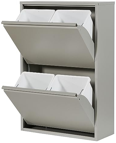 Atahome Recycling Bins for Kitchen Metal Slim Trash Bin Cabinet 4 Bins Plastic Buckets with Metal Handles, 4x15 Litres Bin Divider Storage Organiser, Sturdy Rubbish Bin Didyma 2+2 Drawer (Grey)
