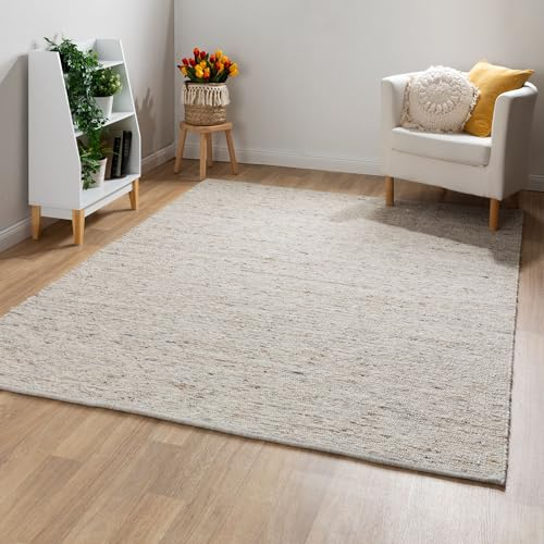 Steffensmeier Handwebteppich Landshut exklusiv | Wolle (Schurwolle) gewalkt, Natur, handgewebt, Größe: 60x110 cm Wohnzimmer und Schlafzimmer