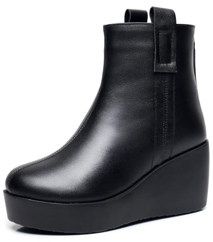 Lossarye Women's Leather Platform Wedges Ankle Boots with Back Zipper Fashion Vintage Round Toe Comfortable Warm Lining Casual High Top Soft Sole Anti-slip Booties (Black,6,6)