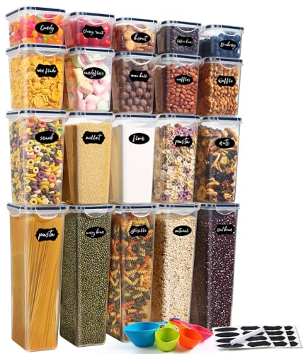 YASHE 20PCS Food Storage Containers with Lids Airtight, Plastic Cereal Storage Containers, BPA Free, Kitchen Storage & Organisation for Dry Food, Flour, Sugar, with Labels, Marker & Spoon