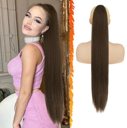 BARSDAR Lunga Lisci Coda Capelli Extension, 76cm Marrone Coda di Cavallo Extension con Coulisse Sintetici Finta Pony Tails Posticci Clip in Ponytail Extensions per Donne - Cioccolato Marrone Misto