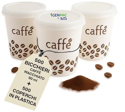 GM - 500 Bicchieri Caffè 90 ml con Coperchio PS Piano Senza Foro – Bicchieri Monouso Resistenti, Usa e Getta, Ideali per Espresso, Crema Caffè, Bar, Caffetterie, Uffici e Asporto Bevande Calde