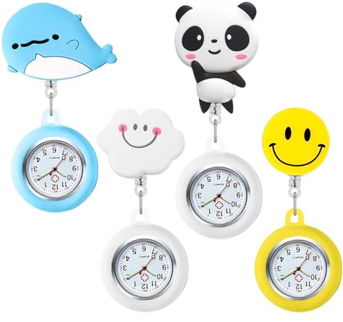 Krankenschwester Uhr, 4 x Schwesternuhr mit Clip, Krankenschwesteruhr Ansteckuhr, Pflegeuhr, Dehnbare Silikon Hülle, Pointer mit Leuchtend für Damen Taschenuhr Ansteckuhr Dehnbare Silikon Hülle