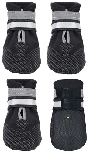 AMOMYDOG Zapatos para Perros, Juego de 4 Botas Perro, Patucos Perros con Correas Reflectantes Ajustables y Suela Antideslizante, Protector Patas para Perros Pequeños Medianos y Grandes (Negro, L)