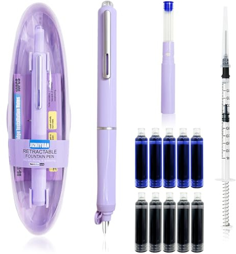 Clictek Retractable Fountain pen, Fine Nib with 10 ink cartridges (Blue & Black, ink syringe, sticky Notes） Perfect for smooth writing, Jouraling, caigraphy, ldeal Gifts for student & Professionals