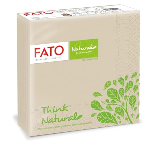 Fato - Tovaglioli Natural di Carta Monouso Piegati in 4, Ecologici, Confezione da 250 tovaglioli, Formato 33x33, 2 veli, Decoro Natural Style, Carta 100% di Fibre Riciclate