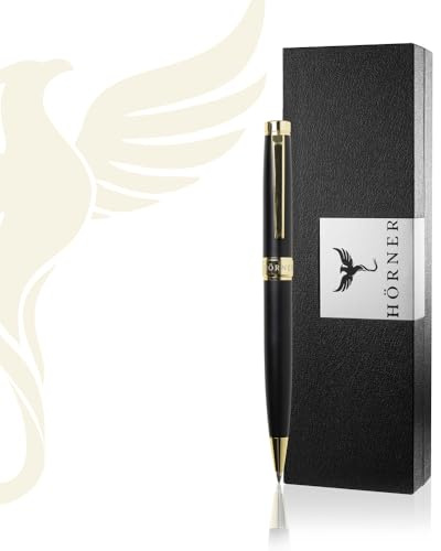 Hörner Excelsior – Kugelschreiber hochwertig mit Gravur | Personalisierter Stift Geschenk für Männer & Frauen | Graviert | Schwarz-Gold | Blau schreibend I Personalisierte Geschenke