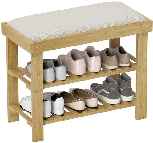 HOMCOM Bamboo Shoe Storage Bench, 3-Tier Shoe Bench with Seat Cushion, Shoe Rack for Entryway, Hallway, Living Room, Bedroom, Cream White