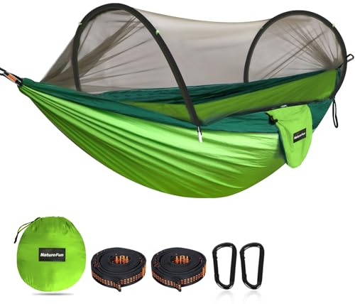 NATUREFUN Ultralätt campinghängmatta myggavvisande näthängmatta | 300 kg lastkapacitet och snabbtorkande fallskärmsnylon | 2 premium karbinhakar, 2 x nylonband i nylon